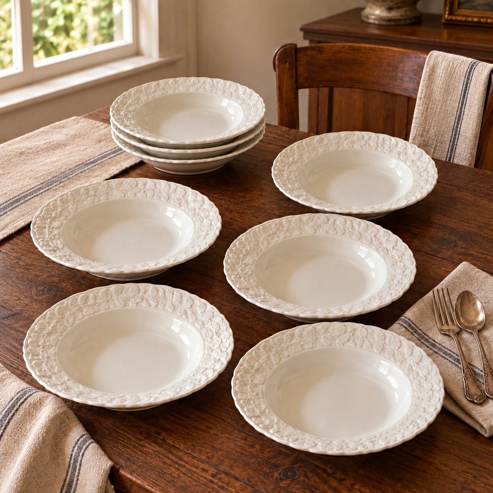 Alfred Meakin Ironstone Rim Soup Bowls Set of 7 Vintage England Embossed White